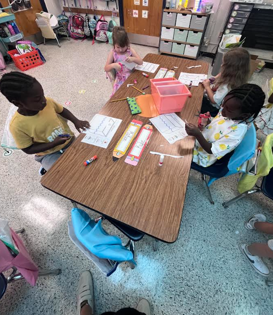 Mrs. Webster's Kindergarten class cutting and gluing and making predictions.