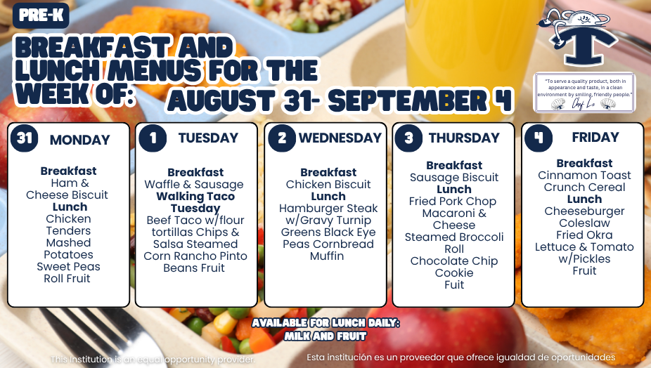 Lunch Menu August 31 - September 4