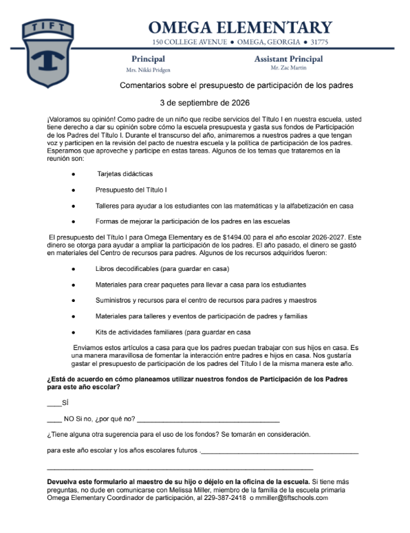 26- 27 Omega parent Engagement Budget Letter - Spanish