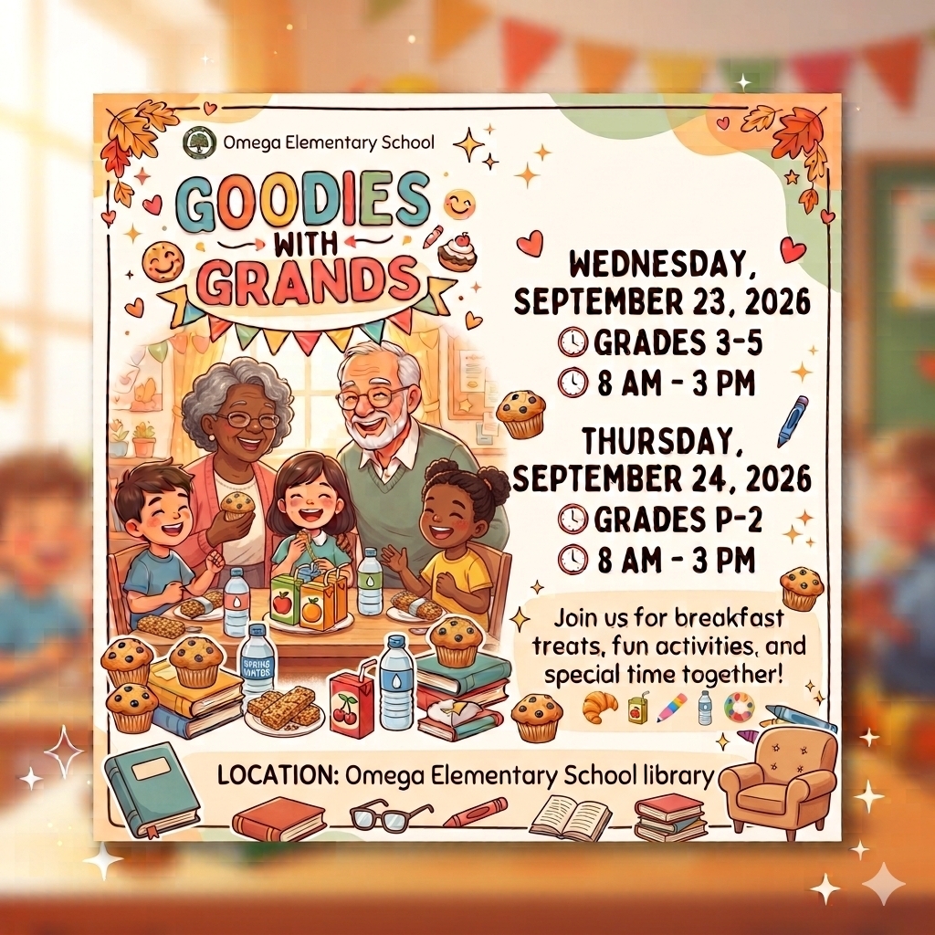Omega Elementary School Scholastic Book Fair grandparent event flyer