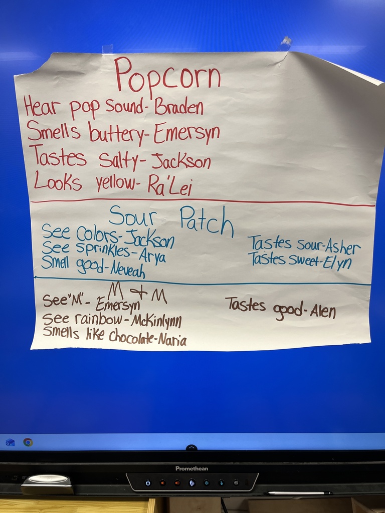 This week, Ms. Elisa's and Ms. McCall's students have been learning all about the five senses 👀👂👃👅✋, and today they had so much fun using their senses at a mini popcorn bar 🍿 featuring popcorn, Sour Patch Kids, and M&Ms. 😄💙 #wearejtr #4theT