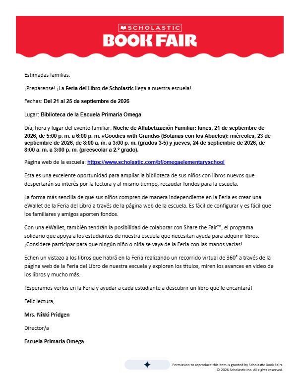 Omega Elementary School Book Fair Letter - Spanish