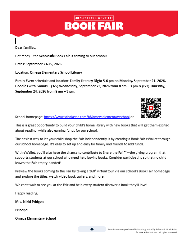 Omega Elementary School Book Fair Letter