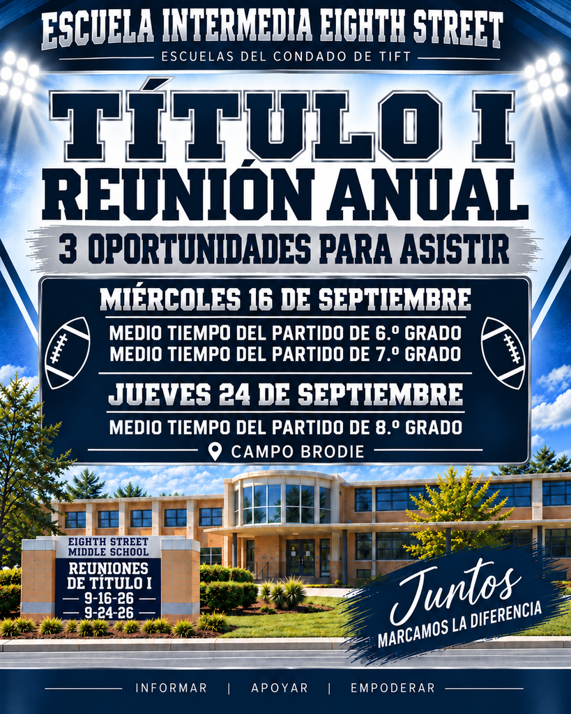 Invitación a la Reunión Anual de Título I de ESMS. Las familias pueden asistir en el Campo Brodie el miércoles 16 de septiembre, durante el medio tiempo del partido de fútbol americano de 6.º o 7.º grado, o el jueves 24 de septiembre, durante el medio tiempo del partido de 8.º grado.