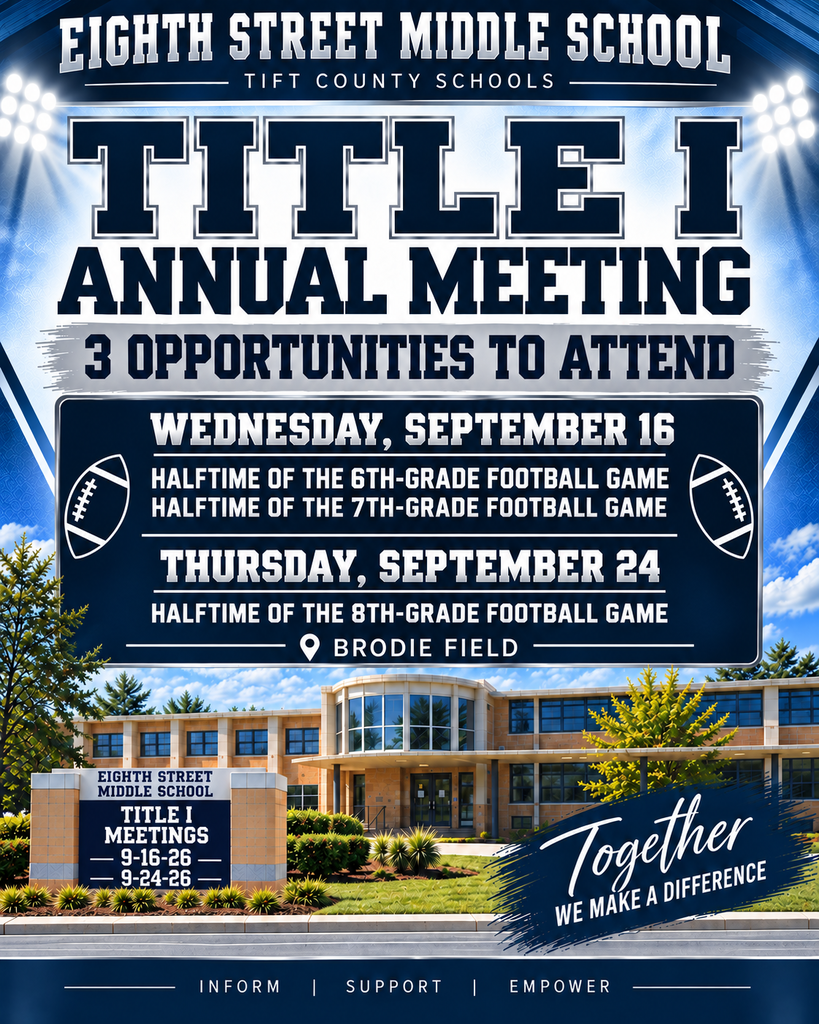 ESMS Title I Annual Meeting invitation. Families may attend at Brodie Field on Wednesday, September 16, during halftime of the 6th-grade or 7th-grade football game, or on Thursday, September 24, during halftime of the 8th-grade football game.