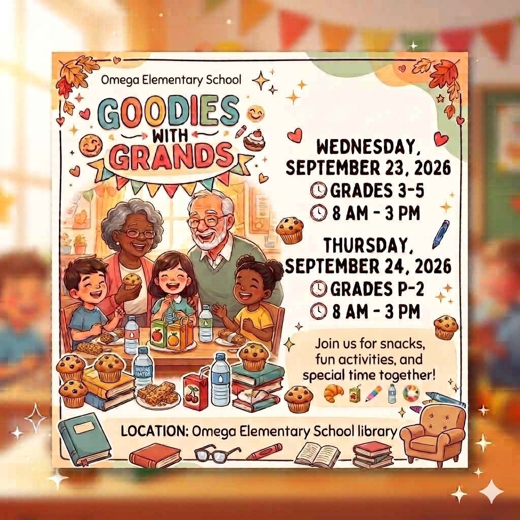 Omega Elementary School Scholastic Book Fair grandparent event flyer