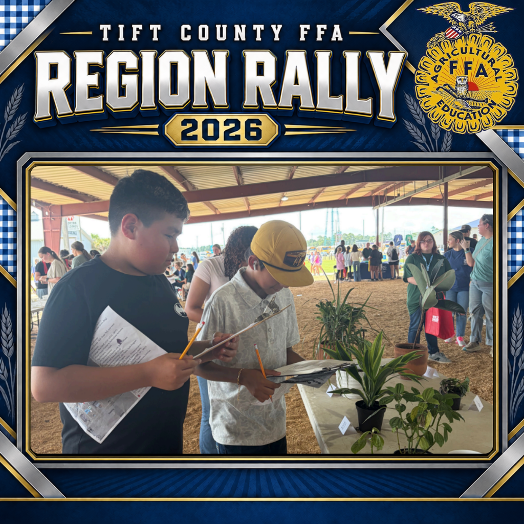 Tift County FFA Region Rally 2026 graphic showing two ESMS students completing a plant-identification activity. They examine several potted plants while recording their answers on clipboards.