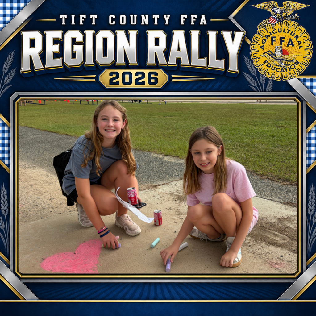 Tift County FFA Region Rally 2026 graphic showing two smiling ESMS students crouched on a sidewalk as they create colorful chalk artwork, including a large pink heart.