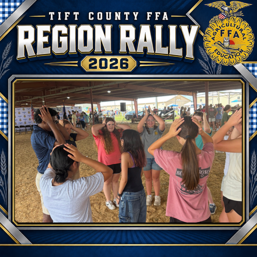Tift County FFA Region Rally 2026 graphic showing ESMS students participating in a group game beneath a covered pavilion. Students stand in a circle with their hands on their heads as they follow the activity instructions.