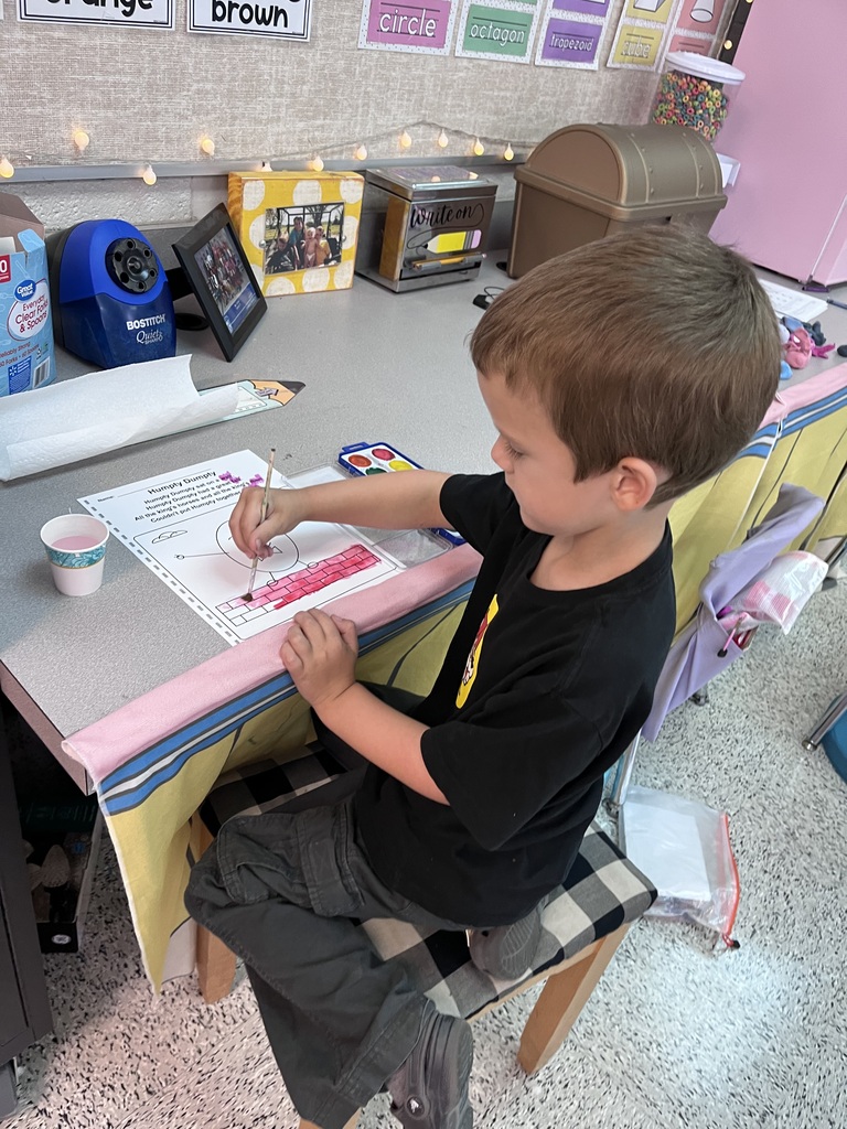 Mrs. Webster’s class found rhyming words in Humpty Dumpty then had a great time painting the picture with watercolors for our rhyming book