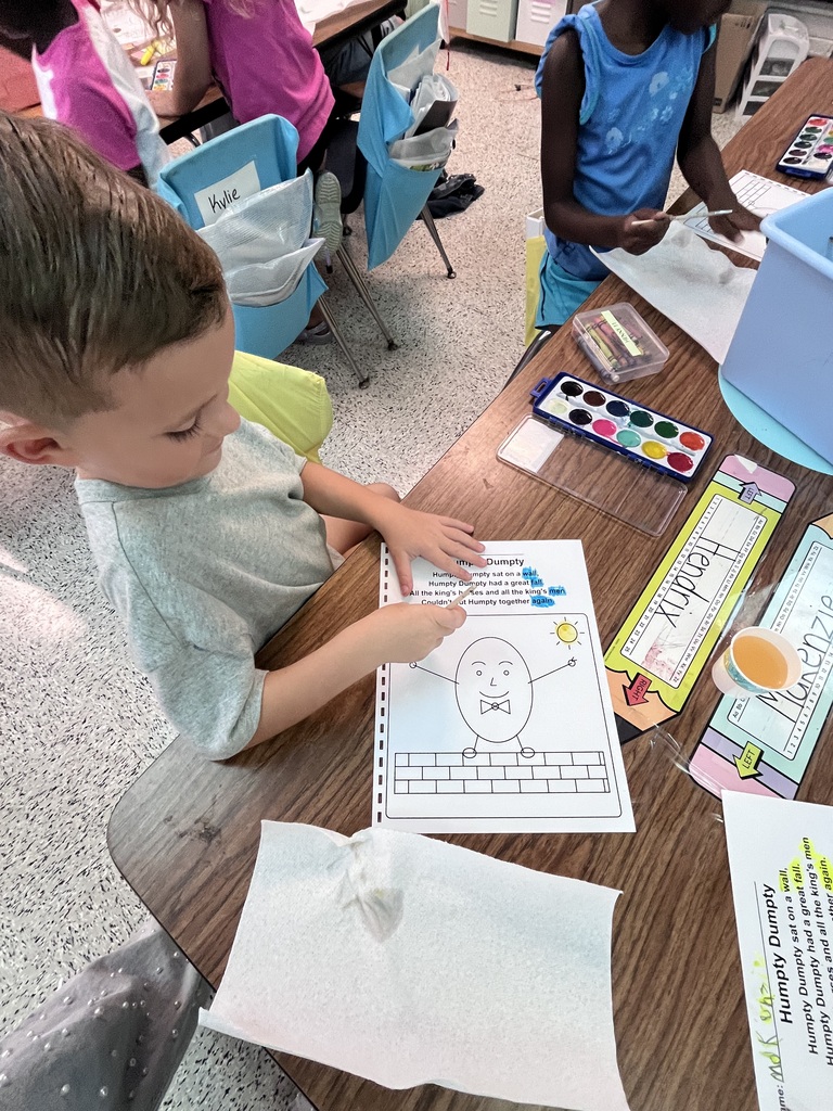 Mrs. Webster’s class found rhyming words in Humpty Dumpty then had a great time painting the picture with watercolors for our rhyming book