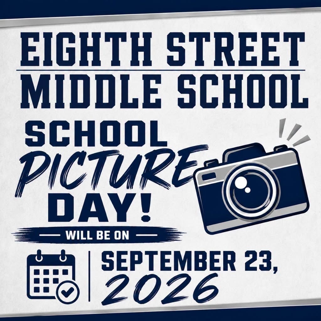 Picture Day blue and white graphic advertising ESMS picture day, tomorrow, September 23, 2026
