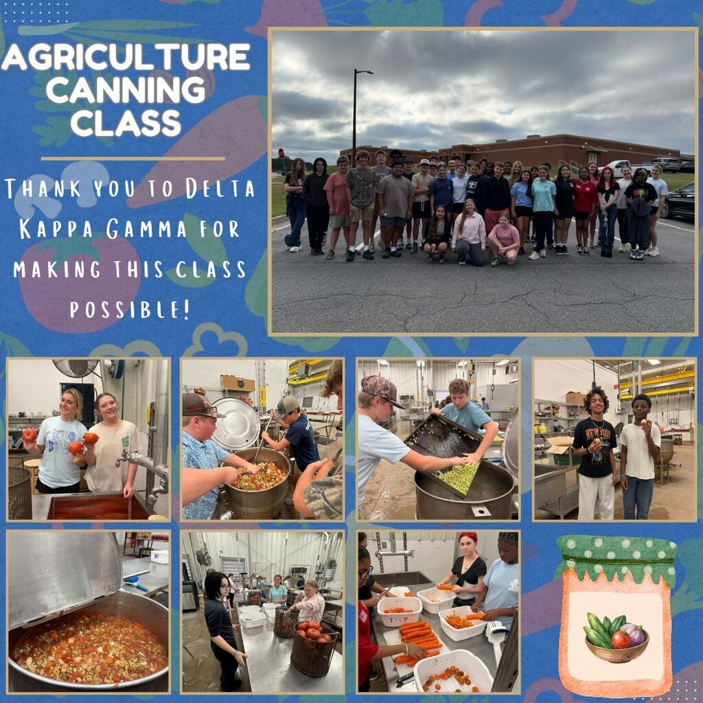 Collage for the ESMS agriculture canning class. A group photo shows students outside the Tift County Canning Plant. Smaller photos show students preparing vegetables, working with canning equipment, and a large pot of chopped produce. Text on the graphic thanks Delta Kappa Gamma for making the class possible.