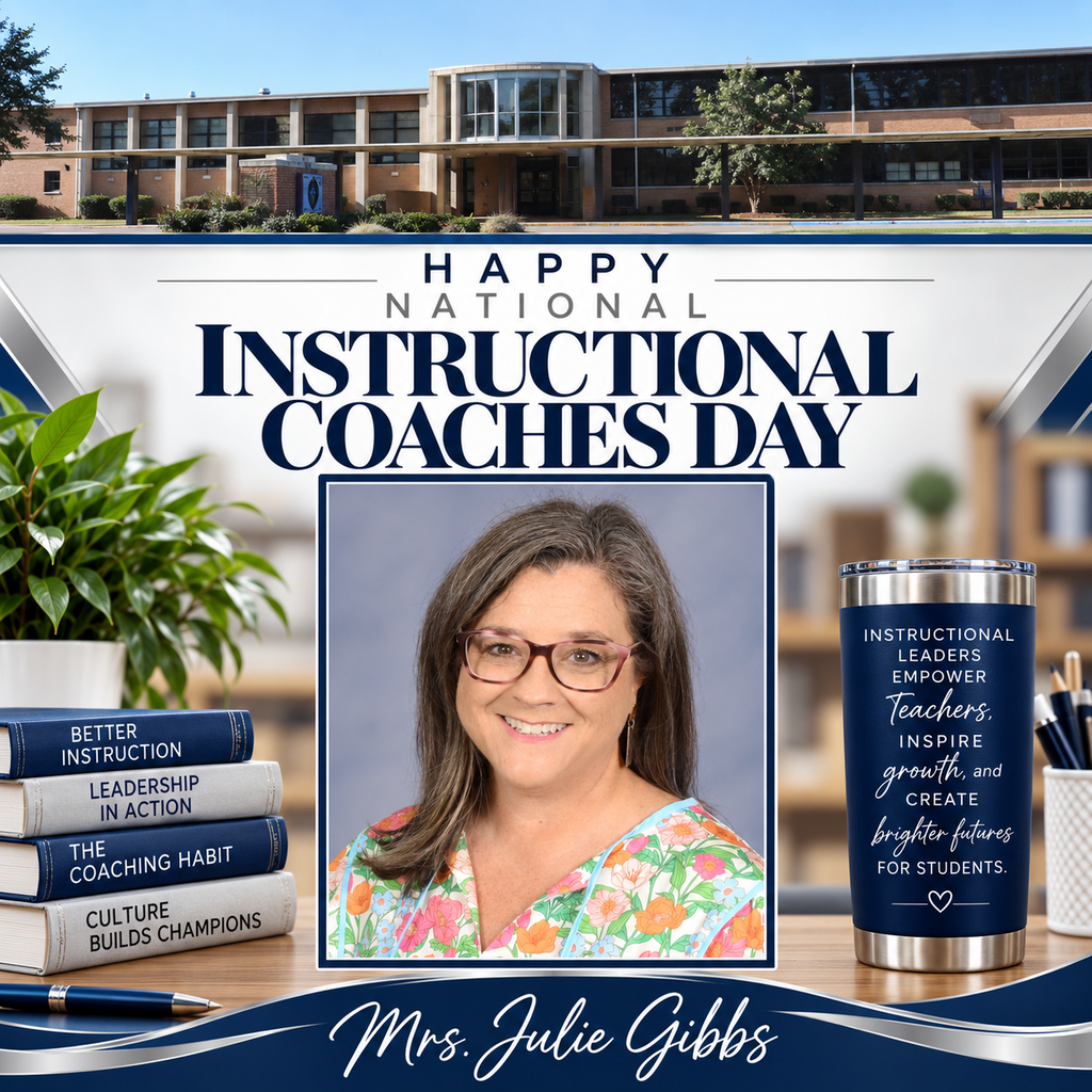 National Instructional Coaches Day graphic featuring Mrs. Julie Gibbs, Eighth Street Middle School, and navy-and-silver decorations with books and an inspirational tumbler.