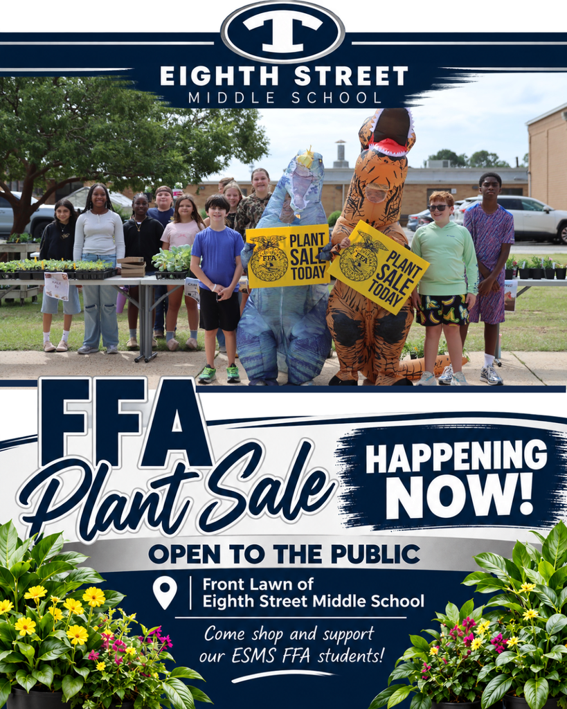 ESMS FFA Plant Sale graphic featuring two students in inflatable dinosaur costumes holding yellow “Plant Sale Today” signs. The sale is happening now on the front lawn of Eighth Street Middle School and is open to the public.