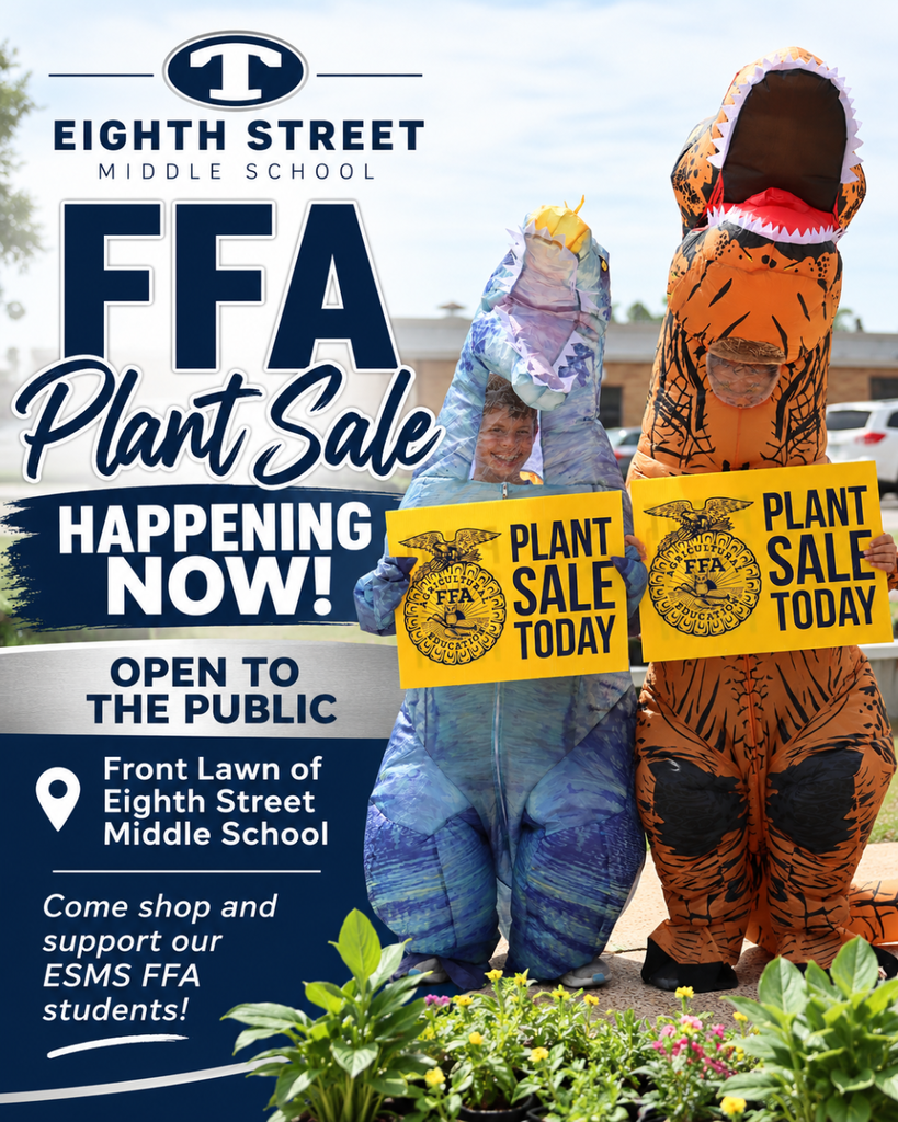 ESMS FFA students pose outside Eighth Street Middle School beside tables of plants for sale. Two students are dressed in dinosaur costumes and hold yellow FFA “Plant Sale Today” signs. The graphic announces that the ESMS FFA Plant Sale is happening now, is open to the public, and is located on the school’s front lawn.