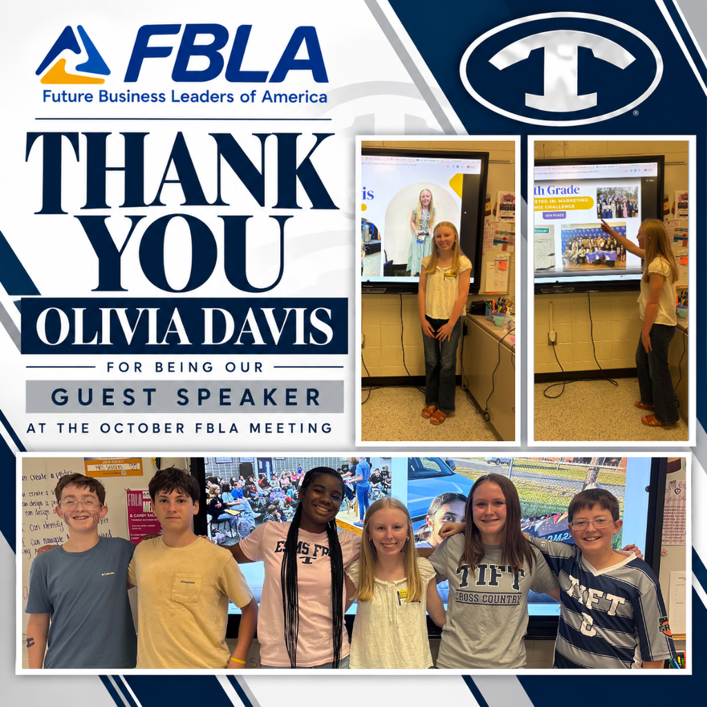 Eighth Street Middle School FBLA thank-you graphic recognizing Olivia Davis as the guest speaker at the October FBLA meeting. The navy blue, white, and silver design features the FBLA and Tift County logos and three photographs. Two photos show Olivia presenting to students, while a third shows her posing with five ESMS students. The graphic reads, “Thank You, Olivia Davis, for Being Our Guest Speaker at the October FBLA Meeting.”