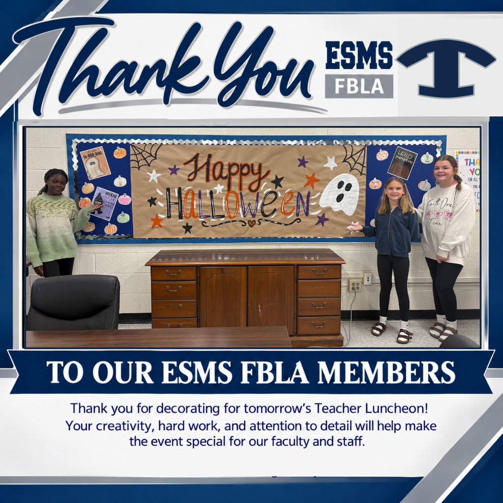 Eighth Street Middle School thank-you graphic recognizing ESMS FBLA members for decorating for Friday’s Teacher Luncheon. The navy, white, and silver design features three students standing in front of a colorful Halloween bulletin board decorated with pumpkins, stars, spiderwebs, and a ghost. The graphic includes a large “Thank You” heading, ESMS FBLA branding, and a message expressing appreciation for the students’ efforts to create a festive and welcoming atmosphere for faculty and staff.