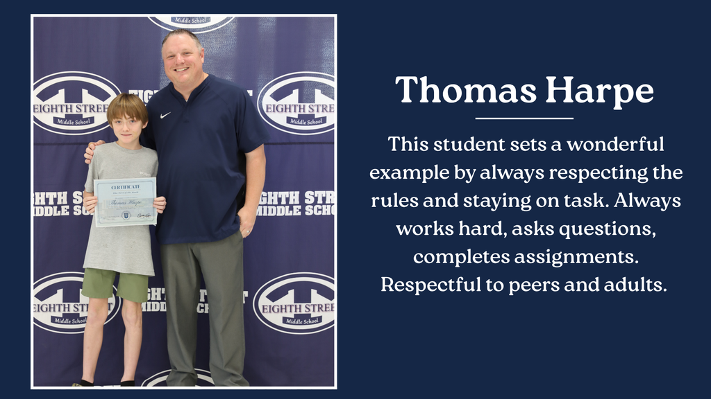 Eighth Street Middle School graphic celebrating the September [6th/7th/8th and connections] Grade Blue Devils of the Month. The graphic features the students selected for this recognition and highlights their achievement as Blue Devils of the Month.