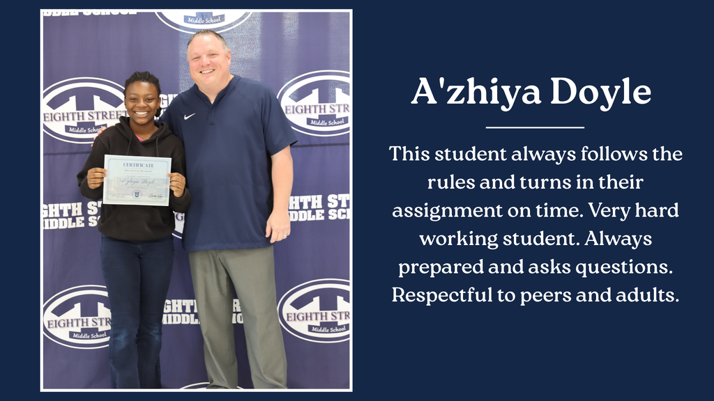Eighth Street Middle School graphic celebrating the September [6th/7th/8th and connections] Grade Blue Devils of the Month. The graphic features the students selected for this recognition and highlights their achievement as Blue Devils of the Month.