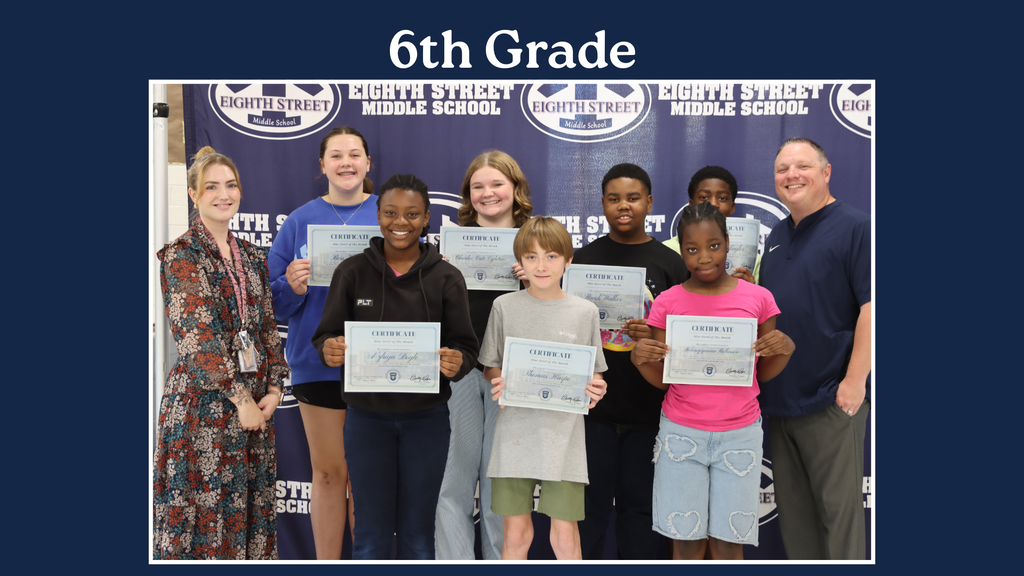 Eighth Street Middle School graphic celebrating the September [6th/7th/8th and connections] Grade Blue Devils of the Month. The graphic features the students selected for this recognition and highlights their achievement as Blue Devils of the Month.