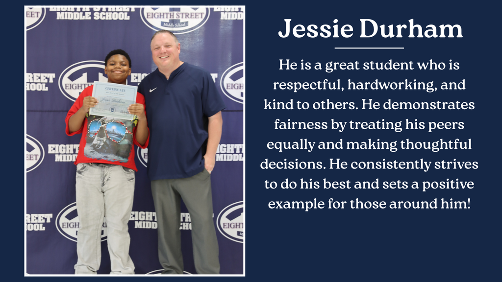 Eighth Street Middle School graphic celebrating the September [6th/7th/8th and connections] Grade Blue Devils of the Month. The graphic features the students selected for this recognition and highlights their achievement as Blue Devils of the Month.