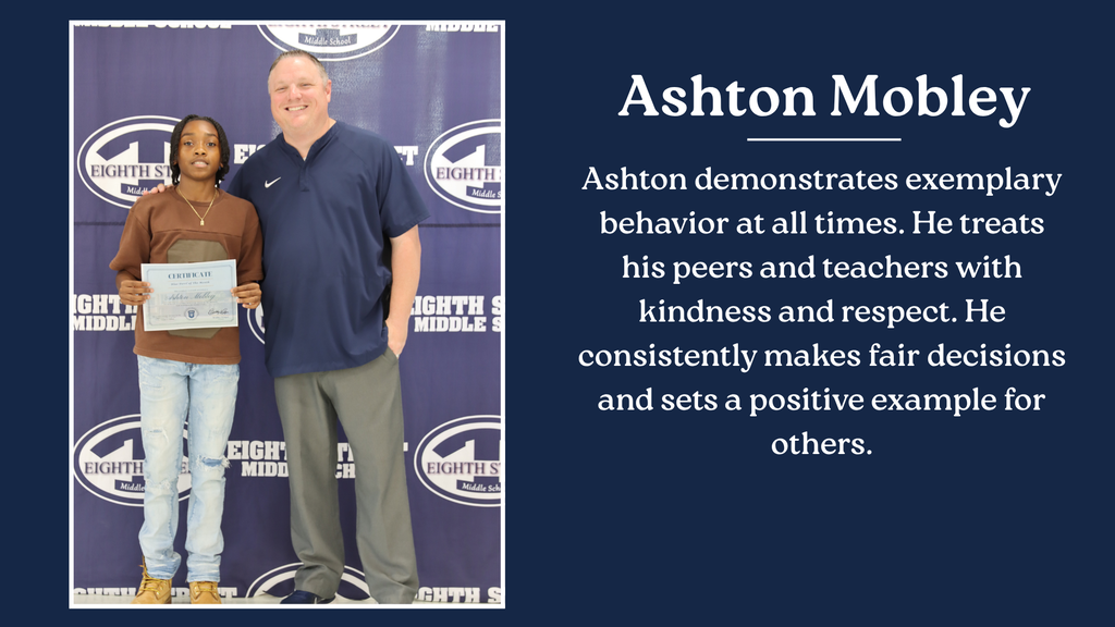Eighth Street Middle School graphic celebrating the September [6th/7th/8th and connections] Grade Blue Devils of the Month. The graphic features the students selected for this recognition and highlights their achievement as Blue Devils of the Month.