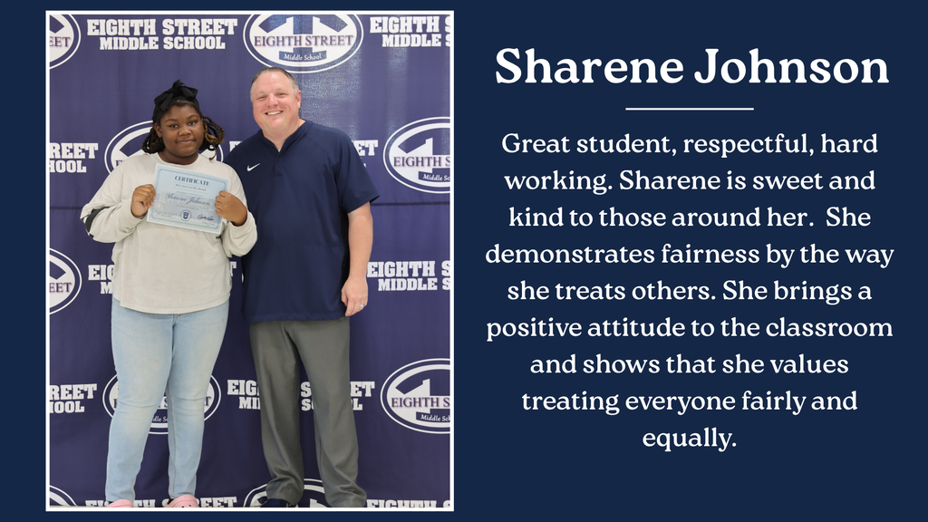 Eighth Street Middle School graphic celebrating the September [6th/7th/8th and connections] Grade Blue Devils of the Month. The graphic features the students selected for this recognition and highlights their achievement as Blue Devils of the Month.