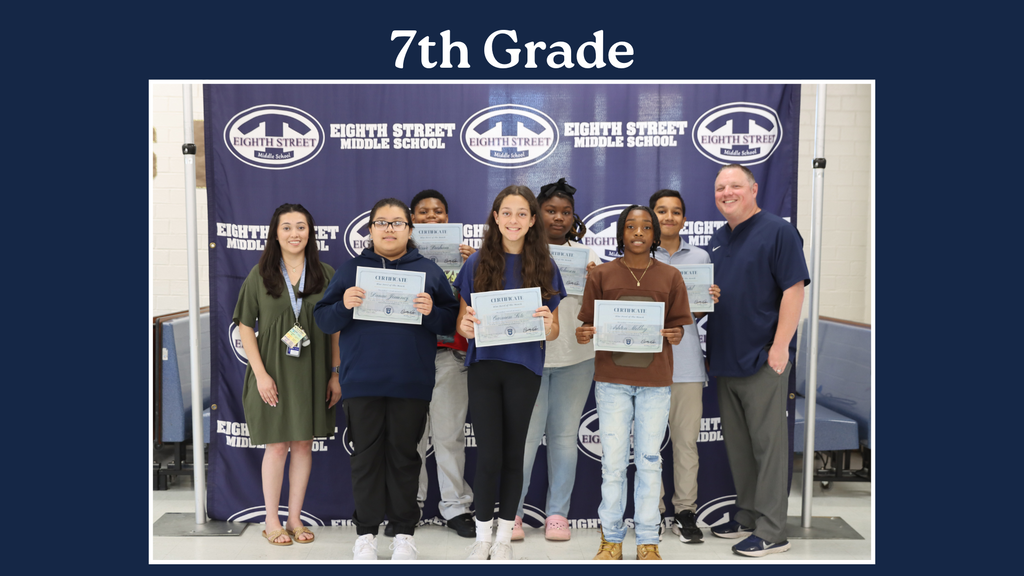 Eighth Street Middle School graphic celebrating the September [6th/7th/8th and connections] Grade Blue Devils of the Month. The graphic features the students selected for this recognition and highlights their achievement as Blue Devils of the Month.