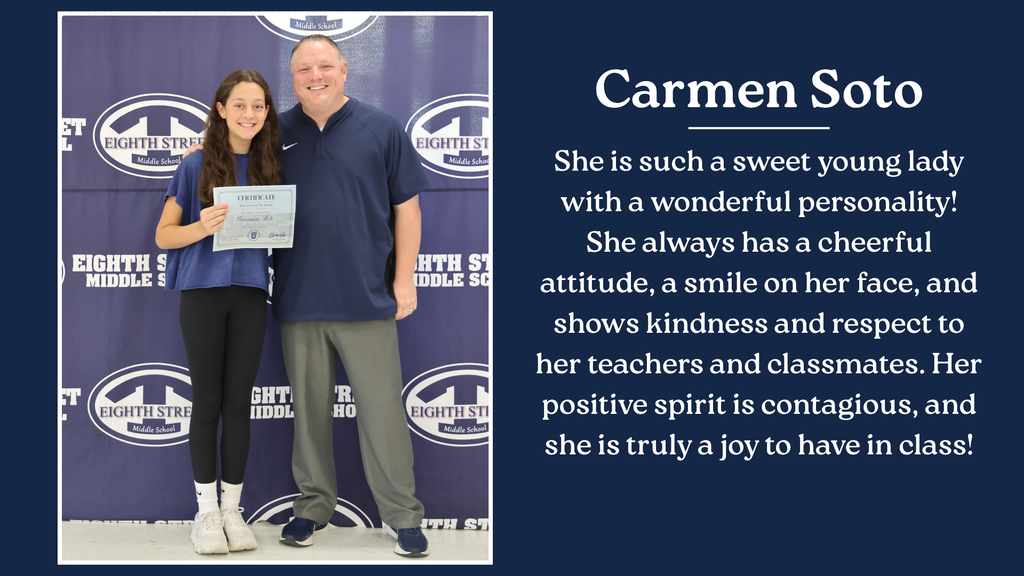Eighth Street Middle School graphic celebrating the September [6th/7th/8th and connections] Grade Blue Devils of the Month. The graphic features the students selected for this recognition and highlights their achievement as Blue Devils of the Month.