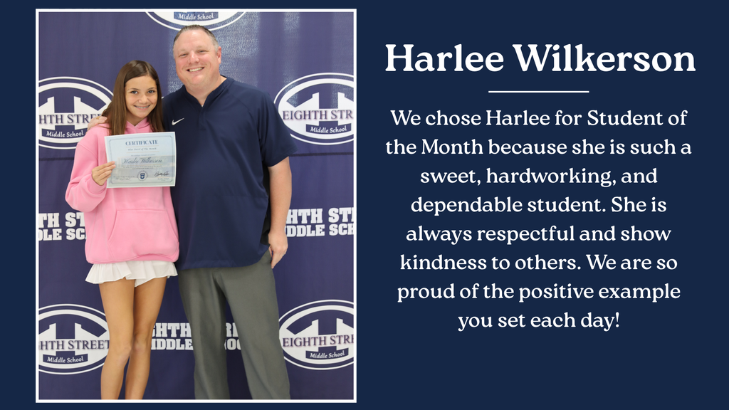 Eighth Street Middle School graphic celebrating the September [6th/7th/8th and connections] Grade Blue Devils of the Month. The graphic features the students selected for this recognition and highlights their achievement as Blue Devils of the Month.