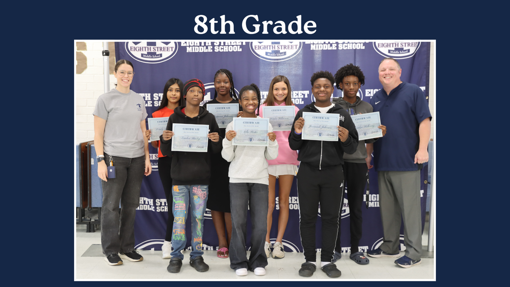 Eighth Street Middle School graphic celebrating the September [6th/7th/8th and connections] Grade Blue Devils of the Month. The graphic features the students selected for this recognition and highlights their achievement as Blue Devils of the Month.