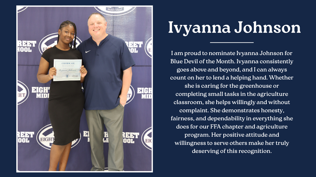 Eighth Street Middle School graphic celebrating the September [6th/7th/8th and connections] Grade Blue Devils of the Month. The graphic features the students selected for this recognition and highlights their achievement as Blue Devils of the Month.