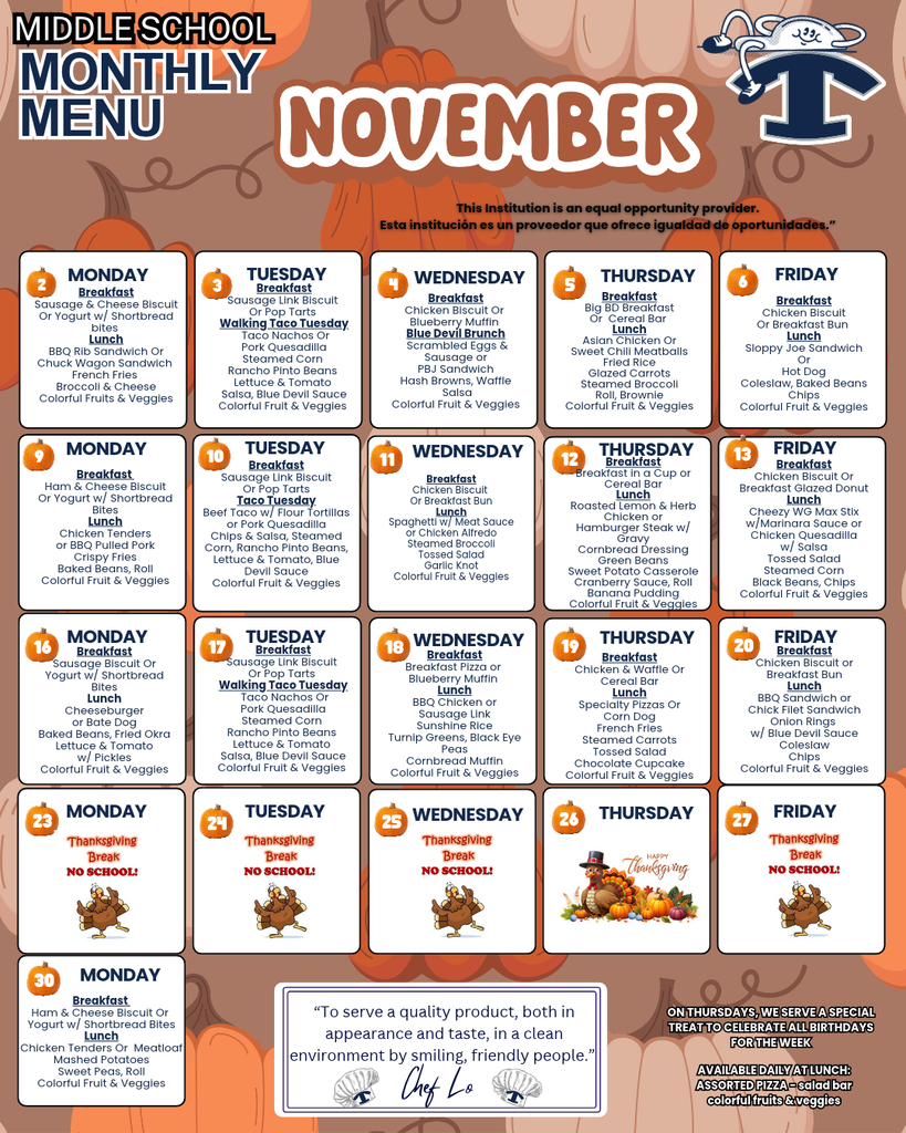 November Breakfast and Lunch Menu