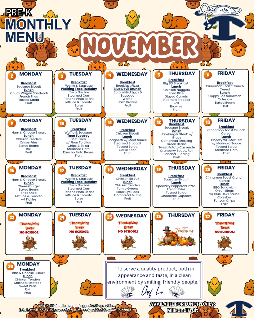 November Breakfast and Lunch Menu