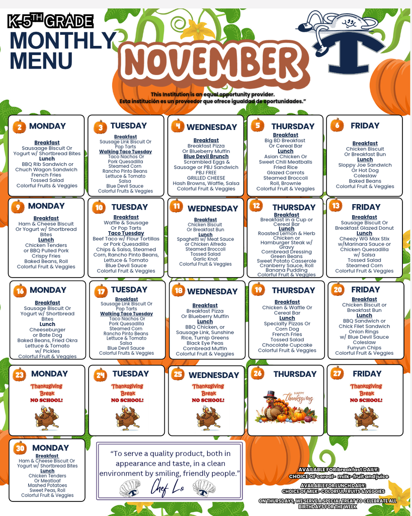 November Breakfast and Lunch Menu