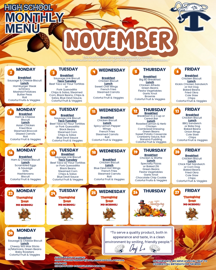 November Breakfast and Lunch Menu