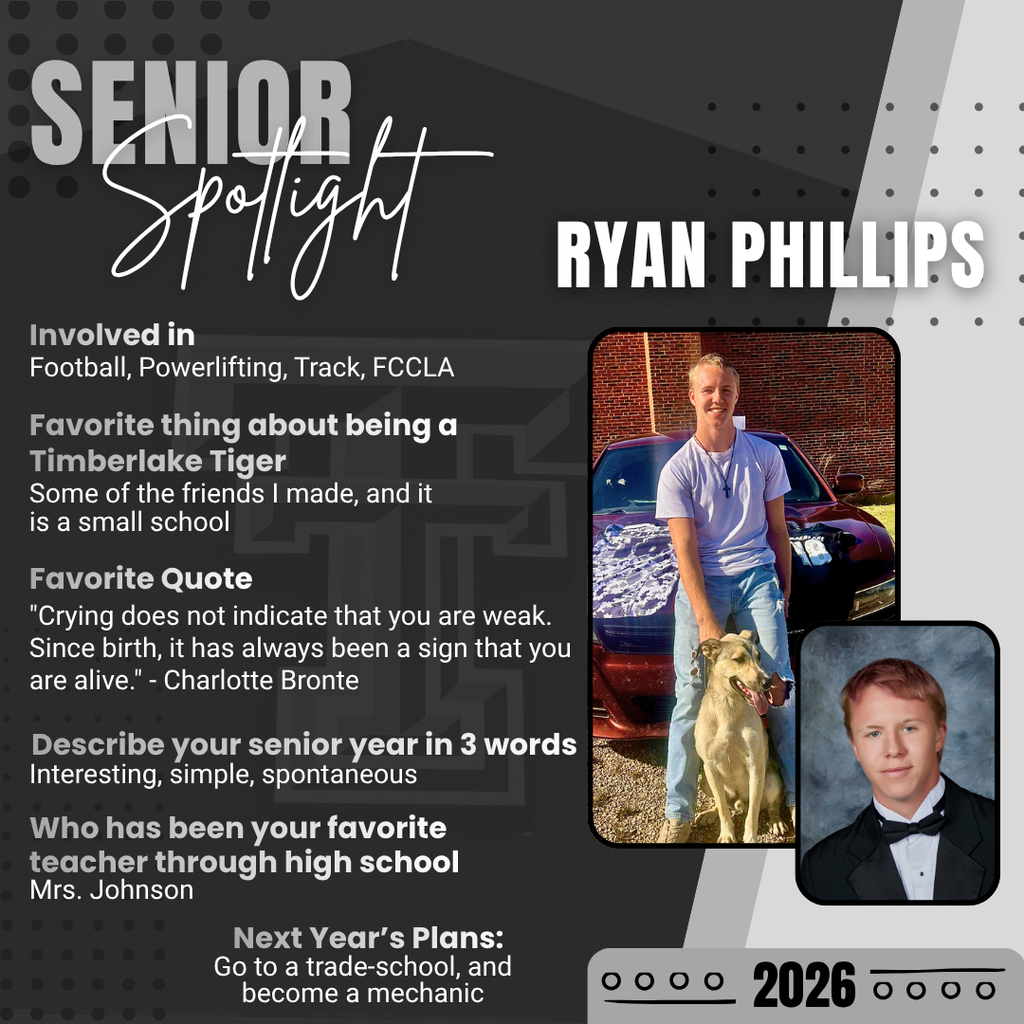 Senior Spotlight- Ryan Phillips. Involved in football, powerlifting, track and FCCLA 