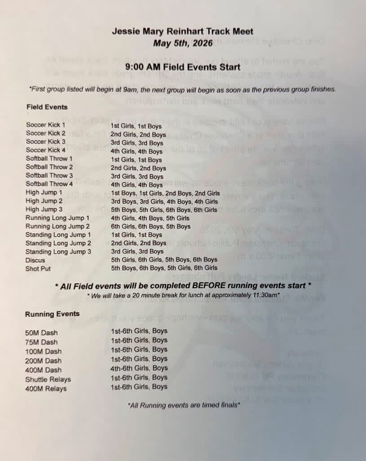 order of events for the Jesse Mary Reinhart track meet at Cherokee on Tuesday, May 5th  
