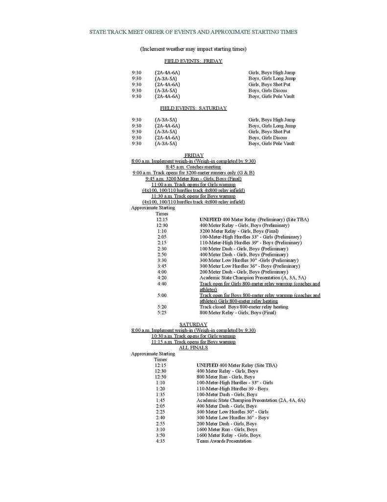 Order of Events for the high school state track meet on Friday and Saturday, May 8th and 9th at Western Heights HS in OKC, OK. 