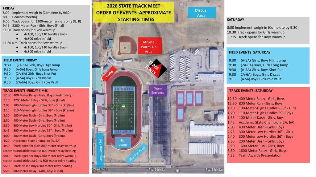 Order of event and approximate starting times for the state track meet.