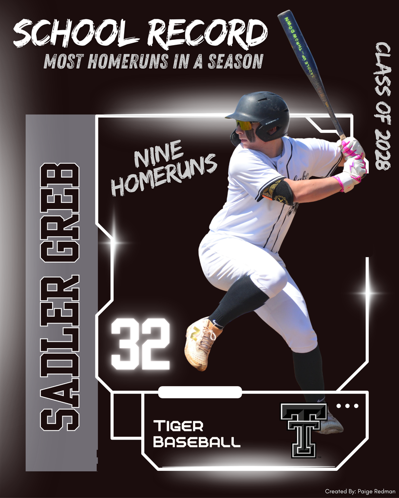 Sadler Greb sets the school record for the most home runs in a season with 9 homeruns. 