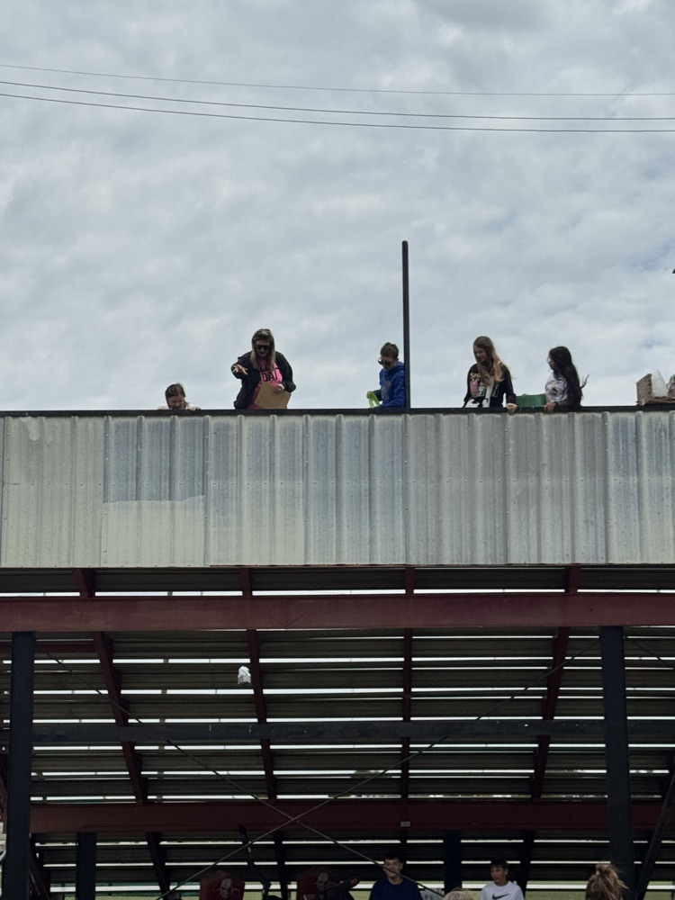 students watching the 6th graders drop their egg drop contraptions from the grand stands