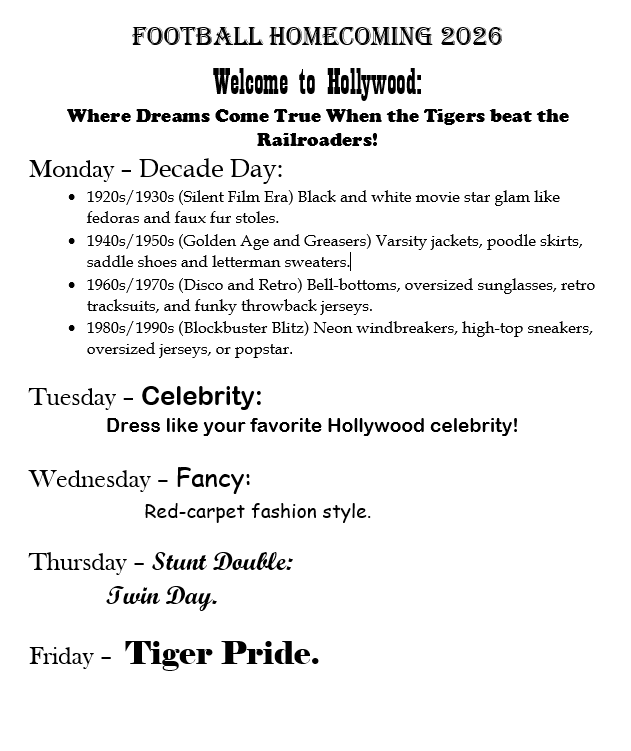 Dress up days for 2026 Football homecoming  