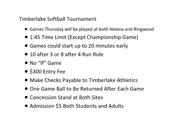 Timberlake HS Softball tournament will begin Thursday Sept. 3rd. 