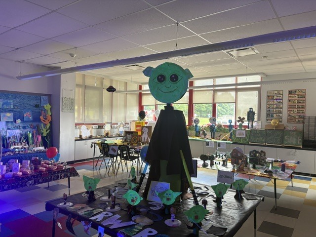 Picture of a classroom with art projects based on movies 