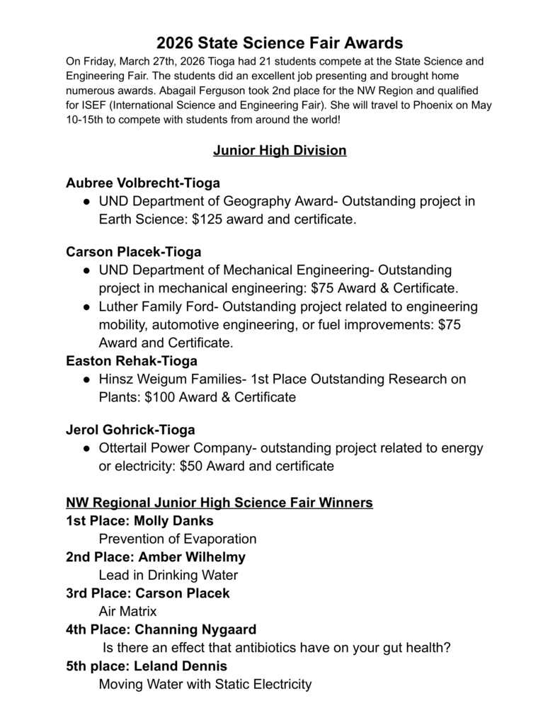 Science Fair Results 2026