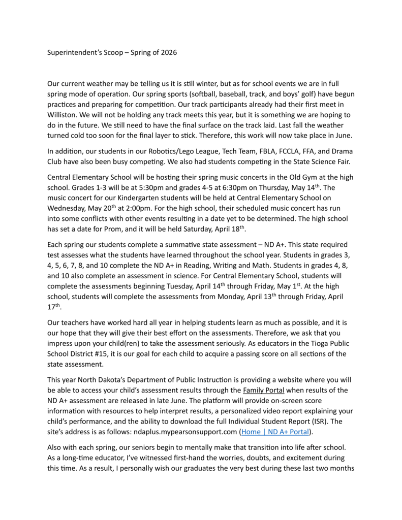 Superintendent’s Scoop – Spring of 2026