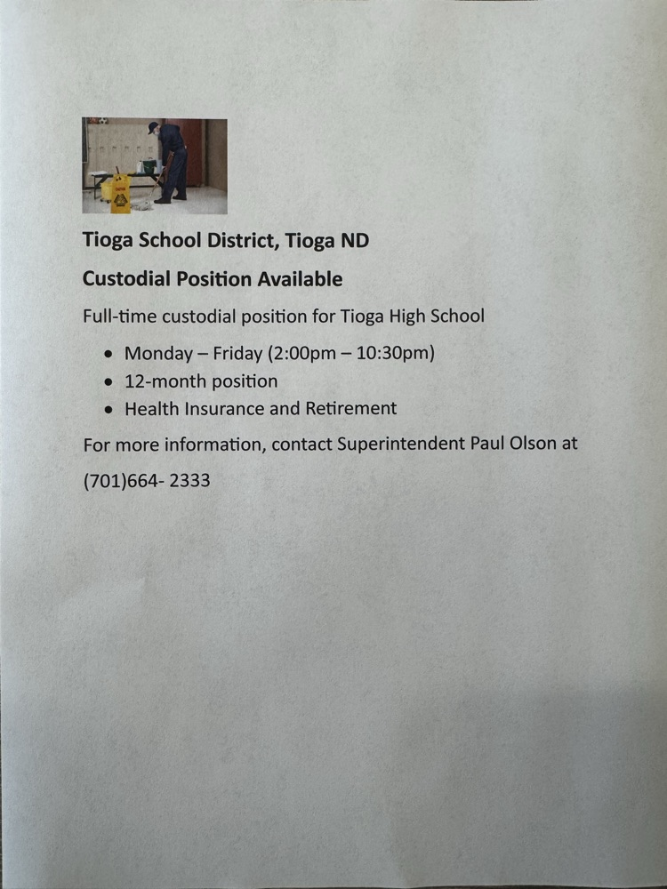 Custodian position available at Tioga High School