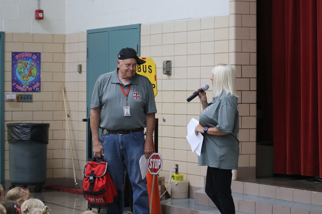 Our School Bus Safety Team presents a skit to students.  